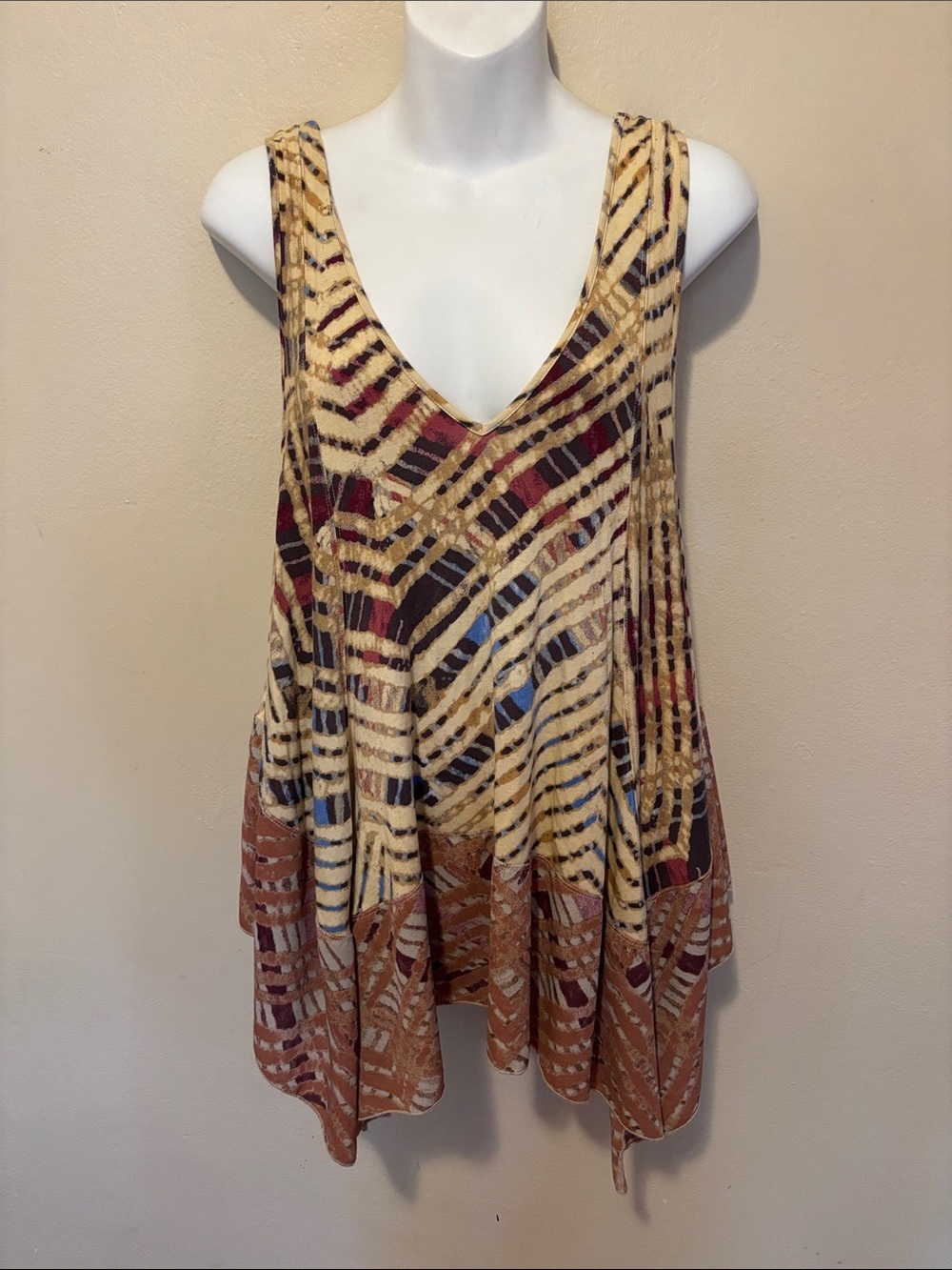 Free People Multicolor Geometric V-Neck Swing Tank